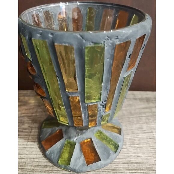 Stained glass wine Glass Chalice Vessel chunky orange green 70s heavy OOAK decor - Picture 2 of 8